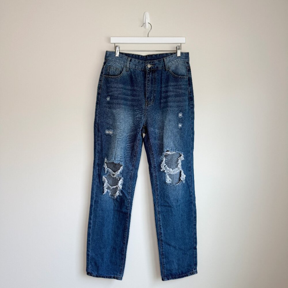 Distressed Medium Dark Wash High Rise Straight Leg Mom Blue Jeans Ripped